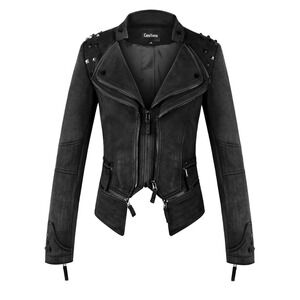 ChouYatou Womens Black Studded Perfect Shaping Faux Suede Biker Jacket Sz XXL